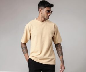 BARKEYO Men's Half Sleeve Round Neck French Terry Graphic Print Oversized Tshirt for Man